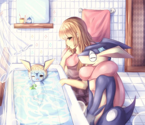ambiguous_gender anthro bath bathroom bathtub brown_hair clothed clothing curtains family female group hair happy inside one_eye_closed open_mouth partially_submerged tongue tongue_out towel toy water young donutella nintendo pokemon flash_(donutella) jasmin_(donutella) amphibian generation_6_pokemon greninja human hybrid mammal pokemon_(species) 2014