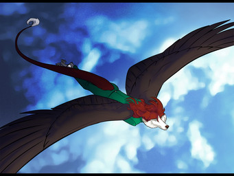 anthro black_body black_feathers black_nose black_wings bottomwear cheek_tuft clothed clothing ears_back facial_tuft feathered_wings feathers female flying fur green_bottomwear green_clothing green_pants green_topwear mouth_closed pants pivoted_ears red_body red_fur simple_background solo spread_wings tail tail_tuft topwear tuft unsigned wings kardinaluz canid mammal 4:3 full-length_portrait hi_res letterbox portrait