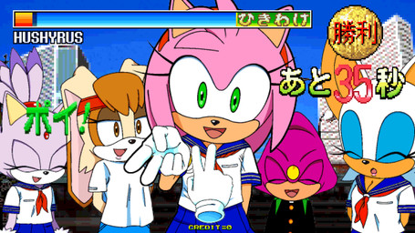 accessory anthro blue_eyeshadow bottomwear breasts brown_eyes brown_eyeshadow brown_hair cleavage clothed clothing cosplay crossover_cosplay dipstick_ears ear_markings eyelashes eyes_closed eyeshadow female fur gloves green_eyes group hair handwear headband lipstick makeup male multicolored_ears offscreen_character open_mouth pink_body pink_fur purple_body purple_fur rock_paper_scissors school_uniform skirt text uniform white_body white_fur hushyrus data_east janken_game_acchi_muite_hoi! sega sonic_the_hedgehog_(series) amy_rose blaze_the_cat espio_the_chameleon rouge_the_bat tomomi_(janken_game_acchi_muite_hoi!) vanilla_the_rabbit bat chameleon domestic_cat eulipotyphlan felid feline felis hedgehog lagomorph leporid lizard mammal rabbit reptile scalie 16:9 2026 crossover digital_media_(artwork) english_text hi_res japanese_text pixel_(artwork) widescreen
