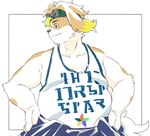 anthro blonde_hair clothing eyewear floppy_ears fur goggles hair male pose shirt slightly_chubby solo tank_top text topwear white_arms white_body white_fur inunoshippo lifewonders live_a_hero hisaki_(live_a_hero) canid canine canis domestic_dog mammal hi_res portrait translation_request unknown_text