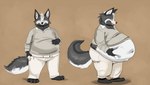 anthro belly belly_squeeze big_belly black_body black_fur claws clothed clothing fur hand_in_pocket hand_on_belly holding_belly male multiple_poses navel obese obese_anthro obese_male open_mouth open_smile overweight overweight_anthro overweight_male pockets pose smile solo toe_claws weight_gain white_body white_fur featherhead pacato canid canine fox mammal