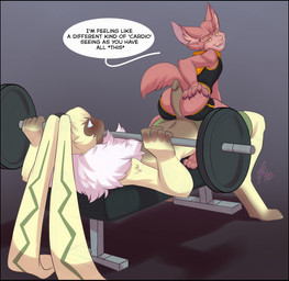 anthro barbell blush bottomwear bottomwear_down butt clothed clothing digiphilia duo erection exercise flirting fluffy fluffy_chest fur genitals hot_dogging interspecies male male/male partially_clothed penis ponytail_ears red_body red_fur sex sexercise shorts shorts_down size_difference text training weightlifting workout workout_clothing yellow_body yellow_fur lavenderpandy bandai_namco digimon digimon_(species) lagomorph leporid mammal rabbit symbareangoramon 2023 english_text hi_res