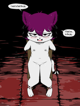 3_toes anthro barbed_wire begging_for_death blood blush bodily_fluids bound bound_to_object claws dialogue feet female genitals hair imminent_death inminent_vore markings navel nipples nude parody purple_hair solo striped_markings striped_tail stripes tail tail_markings text toes torture vulva e254e creepypasta feed_the_pig veronica_(e254e) domestic_cat felid feline felis mammal 3:4 absurd_res english_text hi_res