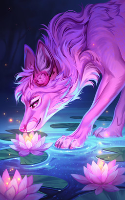 ambiguous_feral ambiguous_gender cheek_tuft eyelashes facial_tuft feral flower fur lily_(flower) lily_pad mouth_closed narrowed_eyes neck_tuft night outside pawpads pink_body pink_eyes pink_flower pink_fur pink_nose pink_pawpads pink_pupils plant pupils side_view solo tree tuft water marie_merkh canid canine mammal absurd_res hi_res