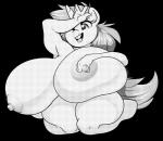 anthro big_breasts breasts crossgender female horn huge_breasts mtf_crossgender one_eye_closed overweight overweight_anthro overweight_female simple_background solo wink sbshouseofpancakes friendship_is_magic hasbro my_little_pony mythology snips_(mlp) equid equine mammal mythological_creature mythological_equine unicorn alpha_channel digital_media_(artwork) monochrome