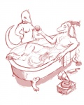 alcohol anthro balls bath beverage big_balls blood bodily_fluids breasts cigarette collar duo female genitals holding_glass holding_object horn inside knife male partially_submerged phonograph tail water wine oddbird mordecai_(slug) bovid caprine demon goat lizard mammal reptile scalie 4:5