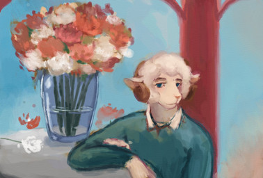 anthro blue_eyes clothed clothed_anthro clothed_male clothing ears_down flower fur furniture horn looking_at_viewer male outside pivoted_ears plant shirt sitting solo table topwear tree vase water wool_(fur) reynard_goodfellow reynard_the_baa bovid caprine mammal sheep