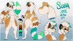 anthro big_butt black_pawpads blue_background bottom_heavy butt cheek_tuft chest_tuft digitigrade erection eyes_closed facial_tuft fangs featureless_crotch femboy fur green_body green_fur green_highlights green_sclera grin hair highlights_(coloring) huge_butt male nude orange_body orange_fur orange_stripes pawpads paws pear-shaped_figure simple_background smile solo striped_body striped_fur stripes teeth text thick_thighs tuft white_body white_fur white_hair wide_hips cozymun soba_(sobadaliger) felid hybrid liger mammal pantherine 16:9 4k absurd_res english_text hi_res model_sheet widescreen nonbinary_(lore)