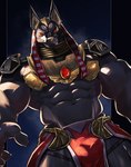 abs anthro armor biceps black_body black_fur bottomwear clothing egyptian egyptian_clothing egyptian_headdress facial_markings fur head_markings headgear headwear loincloth looking_at_viewer looking_down looking_down_at_viewer low-angle_view male markings muscular muscular_anthro muscular_male nemes_(clothing) obliques pauldron pecs red_bottomwear red_clothing red_eyes red_headwear red_loincloth solo usekh worm's-eye_view 0void_ow blizzard_entertainment egyptian_mythology middle_eastern_mythology mythology overwatch anubis anubis_reaper reaper_(overwatch) anubian_jackal canid canine canis deity jackal mammal 2024 hi_res