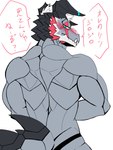 anthro back_muscles blue_eyes blush butt clothing grey_body grey_scales hair horn jockstrap male muscular muscular_anthro muscular_male scales solo text underwear white_hair starodinblack lifewonders live_a_hero mythology giansar dragon mythological_creature mythological_scalie scalie hi_res japanese_text