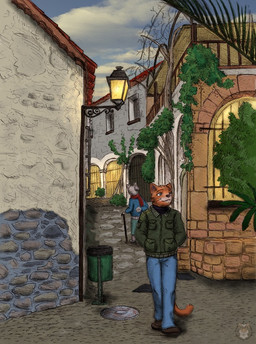 anthro bottomwear brown_body brown_fur clothed clothing cloud cloudy_sky cobblestone denim denim_bottomwear denim_clothing detailed_background duo footwear fur grey_body grey_fur jacket jeans looking_up male outside pants plant scarf shoes sky street_lamp sweater title topwear town trash_can turtleneck walking walking_cane moonchild rayfkm background_character domestic_cat felid feline felis mammal species_request artist_collaboration