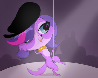 animal_genitalia animal_vulva beret blue_eyes canine_genitalia canine_vulva clothing collar dancing female female_stripper feral fur genitals hair hat headgear headwear markings mole_(marking) multicolored_hair on_model open_mouth pole pole_dancing purple_body purple_fur solo two_tone_hair vulva young young_feral not_a_furfag hasbro littlest_pet_shop littlest_pet_shop_(2012) zoe_trent bird_dog canid canine canis cavalier_king_charles_spaniel domestic_dog hunting_dog mammal spaniel toy_dog 2022 hi_res adult_(lore)