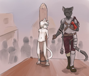adult_on_child adult_on_young age_difference anthro armor bottomwear bound building chain clothed clothing dominant duo_focus feet group house larger_dom loincloth loincloth_only mace male melee_weapon narrow_hips nipples paws pointy_ears prick_ears size_difference slave tail thin_calves thin_legs thin_thighs topless ventral_groove weapon whip wood young young_anthro young_male aogami felid feline mammal 2011 hi_res