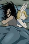 2:3 anthro bed black_hair blonde_hair blushbutt breasts brown_body brown_skin clothed clothing duo eyebrows eyelashes eyes_closed female flat_chested fur furniture hair human lagomorph leporid liten_(character) long_hair lying mammal on_bed on_side pillow rabbit sleeping white_body white_fur