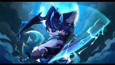:3 anthro big_eyes black_bars blue_body blue_fur blue_horn fur holding_melee_weapon holding_object holding_sword holding_weapon horn kemono looking_at_viewer male melee_weapon moon night nude_anthro nude_male purple_eyes slim_anthro slim_male solo sword weapon white_body white_fur hlg7777 2023 letterbox