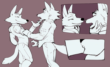 accessory anthro bent_legs boots clothing cuff_(restraint) duo eyebrows eyes_closed facial_tuft fangs finger_under_chin footwear fur hand_under_chin head_tuft kissing leather looking_at_another making_out male male/male narrowed_eyes necktie nose_to_nose open_mouth pointy_ears raised_eyebrow restraints shocked shoes simple_background smile smirk tail tail_tuft teeth tongue topwear tuft vest wrist_cuffs jrjresq don't_eat_the_neighbours fox_(don't_eat_the_neighbours) wolf_(don't_eat_the_neighbours) canid canine canis fox mammal wolf hi_res sequence