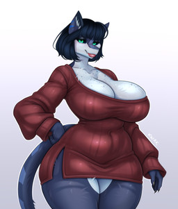 anthro armor_plates black_sclera blue_body blue_fur blue_hair blue_skin bob_cut breasts claws cleavage clothed clothing countershade_breasts countershade_face countershade_legs countershade_neck countershading eyelashes fangs female freckled_breasts freckled_face freckles fur gradient_background green_eyes hair hand_on_hip lips looking_at_viewer navel_outline pink_lips red_clothing red_sweater red_topwear simple_background solo standing striped_ears sweater teeth tight_clothing topwear froggii mythology derlynn_(nsfowork) canid canine canis dragon hybrid mammal mythological_creature mythological_scalie scalie wolf absurd_res hi_res