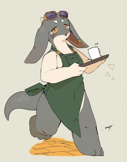 3_toes 4_fingers anthro apron apron_only barista beverage blush blush_lines breasts brick_floor claws clothing coffee coffee_mug curled_tail ear_piercing ear_ring eyebrows eyewear eyewear_on_head feet female finger_claws fingers floppy_ears green_apron green_clothing grey_body hairless half-closed_eyes holding_platter horn kemono looking_at_viewer multicolored_body narrowed_eyes non-mammal_breasts one_leg_up open_mouth orange_eyes piercing platter raised_leg ring_piercing simple_background solo sunglasses sunglasses_on_head tail tan_background tan_body thick_tail thick_thighs three-quarter_view toe_claws toes triangle_eyebrows walking wearing_sunglasses white_eyebrows sme4 mythology latte_(sme4) dragon mythological_creature mythological_scalie scalie 2026 hi_res portrait signature