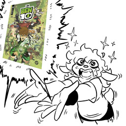 5_fingers ambiguous_gender anthro bottomwear clothing comic_book emanata fangs fingers freckled_face freckles hair holding_hands_out leg_markings markings messy_hair motion_lines open_mouth shirt shorts simple_nose solo sparkles sweatband t-shirt tail teeth topwear wide_eyed wristwear nerdyreindeer ben_10 cartoon_network ben_tennyson cannonbolt four_arms_(ben_10) grey_matter gumdrop_(nerdyreindeer) heatblast water_hazard_(ben_10) wildvine xlr8 deer mammal 1:1 2026