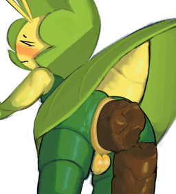antennae_(anatomy) anthro anus arthropod_abdomen backsack balls blush butt excessive_feces eyes_closed feces genitals green_body hyper hyper_feces male male_pooping nude nude_anthro nude_male pooping scatplay simple_background solo white_background yellow_body tiosqr nintendo pokemon generation_5_pokemon leavanny pokemon_(species)