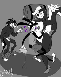 alcohol anthro barrel beer beverage big_breasts big_butt black_body black_fur black_hair blush bottomwear bottomwear_down bow_(feature) bow_tie breasts buckteeth butt can clothed clothing container curvy_figure drunk duo female fleischer_style_toon food footwear fur genitals gesture gloves grin hair handwear heart_symbol high_heels hug husband_and_wife keg looking_at_viewer male married_couple medium_hair multicolored_hair muscular nipples nude pants pants_down partially_clothed purple_nose romantic romantic_couple shoes short_hair simple_background smile substance_intoxication tail teeth toony two_tone_hair underwear voluptuous vulva waving wide_hips naughtyjester beau_(lapinbeau) greta_(naughtyjester) equid equine horse lagomorph leporid mammal mephitid rabbit skunk 2011