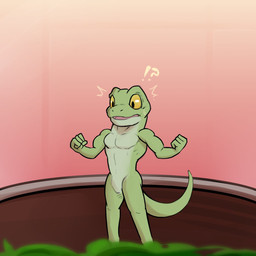 4_fingers anthro athletic athletic_anthro athletic_male can container dizzy featureless_crotch fingers food green_body male plant red_background simple_background solo spinach standing surprised tail vegetable yellow_sclera waddledox gecko lizard reptile scalie 1:1 2026 hi_res