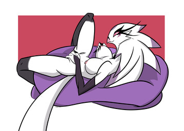 4_fingers abstract_background anthro areola arm_warmers armwear beak black_arm_warmers black_armwear black_clothing breasts claws clothing covering covering_crotch eyelashes feathers female finger_claws fingers hair holding_breast long_eyelashes long_hair long_tail looking_at_viewer looking_back looking_back_at_viewer lounging mature_anthro mature_female medium_breasts nipples nude nude_anthro nude_female pink_sclera smile solo spread_legs spreading tail text white_body white_eyes white_feathers white_hair aptom7747 hellaverse helluva_boss stella_(helluva_boss) avian bird demon galliform peafowl peafowl_demon phasianid 2026 absurd_res artist_name digital_drawing_(artwork) digital_media_(artwork) hi_res signature