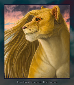 ambiguous_gender black_lips blonde_hair border cloud fur green_eyes hair inner_ear_fluff lips long_hair long_mouth no_sclera orange_body orange_fur outside pink_nose side_view sky snout solo sunset text tuft whiskers white_body white_fur hibbary felid lion mammal pantherine bust_portrait english_text portrait
