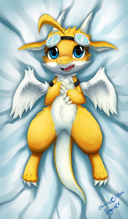3_toes ambiguous_gender anthro bedding bedding_background biped blue_eyes blush blush_lines cheek_tuft chest_tuft digitigrade eyewear eyewear_on_head facial_tuft featureless_crotch feet front_view fur furred_wings glistening glistening_eyes goggles goggles_on_head head_tuft horn leg_tuft lying nude on_back open_mouth open_smile pink_tongue semi-anthro smile solo tail tapering_tail thick_tail thick_thighs toes tongue tuft white_body white_fur white_horn white_tail white_wings wings yellow_body yellow_fur yellow_tail penguinexperience mythology dragon furred_dragon furred_scalie mythological_creature mythological_scalie scalie full-length_portrait hi_res portrait signature