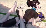 4_toes 5_fingers anthro anus beach bent_arm bent_legs black_body black_fur black_hair butt calves_up claws collar collar_only eyelashes feet female fingers foot_focus fur genitals hair hair_bun hindpaw humanoid_genitalia humanoid_pussy licking licking_lips licking_own_lips looking_back lying nude nude_beach on_front outdoor_nudity outside paws plump_labia pussy raised_calf sand seaside self_lick smile solo sport toe_claws toes tongue tongue_out volleyball art-abaddon collie_(mal-and-collie) border_collie canid canine canis collie domestic_dog herding_dog mammal pastoral_dog sheepdog digital_media_(artwork) hi_res shaded