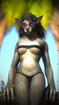 anthro areola areola_slip bandeau black_bandeau black_clothing black_hair black_nose black_thong black_topwear black_underwear clothing eyewear female fur glasses grey_body grey_fur hair looking_at_viewer monster_energy_can solo text thong tinted_glasses topwear underwear thatworgen blizzard_entertainment monster_energy warcraft destiney_crawford_(thatworgen) canid mammal werecanid werecreature worgen 2023 3d_(artwork) 4k 9:16 absurd_res autodesk_3ds_max_(artwork) digital_media_(artwork) hi_res url watermark