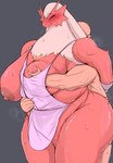 anthro apron apron_only areola big_breasts biped blue_eyes blush bodily_fluids breast_grab breasts clothing duo female female_focus female_on_human fur grey_background hand_on_breast huge_breasts human_penetrating male male/female multicolored_body multicolored_fur nipples nude overweight overweight_anthro overweight_female penetration red_areola red_body red_fur red_nipples simple_background solo_focus sweat white_body white_fur yellow_body yellow_sclera yamaraim nintendo pokemon blaziken generation_3_pokemon human mammal pokemon_(species) absurd_res digital_media_(artwork) hi_res