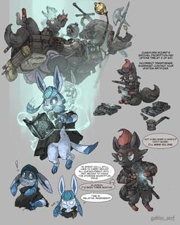 ambiguous_gender black_nose black_text blue_eyes blush blush_lines book clenched_teeth cloak closed_smile clothed clothing dialogue duo exclamation_point eyebrows grey_background grey_text holding_object looking_up lying magic magic_user melee_weapon mouth_closed number on_back paws pupils question_mark simple_background sitting smile solo speech_bubble sword tail talking_to_another teeth text weapon white_pupils white_sclera goblin_serf nintendo pokemon pokemon_mystery_dungeon spike_chunsoft eeveelution generation_4_pokemon generation_5_pokemon glaceon pokemon_(species) zorua 2024 4:5 artist_name digital_media_(artwork) english_text hi_res