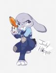 anthro claws clothed clothing crouching fully_clothed fur grey_background grey_body grey_fur holding_object holding_weapon pink_nose police police_uniform simple_background solo toe_claws toeless_legwear uniform weapon white_body white_fur u-min disney zootopia judy_hopps lagomorph leporid mammal rabbit