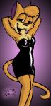2018 anthro black_clothing black_dress breasts cleavage clothed clothing david_hopkins domestic_cat dress felid feline felis female fur hands_behind_head hi_res looking_at_viewer mammal multicolored_body multicolored_fur open_mouth open_smile portrait simple_background smile solo three-quarter_portrait tight_clothing two_tone_body two_tone_fur