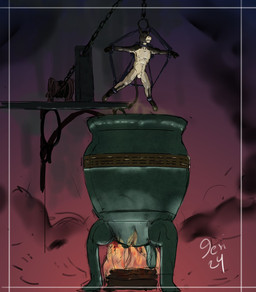 anthro balls boiling_water bound brown_body cauldron chain fire genitals imminent_death male nude_male penis restraints slave smoke solo spreader_bar suspension wood jeri_kleinlowe asinus donkey equid equine mammal 2024 colored dated hi_res signature