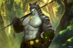 5_fingers abs anthro biceps big_muscles clothed clothing clothing_around_waist day ear_piercing fingers forest fur grey_body grey_fur holding_object holding_weapon jewelry looking_at_viewer male melanistic melee_weapon muscular muscular_anthro muscular_male navel necklace nipples outside pecs piercing pink_nose plant ring smile solo staff stripes topless tree weapon weapon_on_shoulder white_body white_fur moodraw felid mammal pantherine tiger 3:2 digital_media_(artwork) half-length_portrait portrait