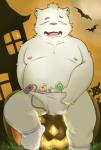 anthro belly blush bulge clothing eyes_closed fur holidays humanoid_hands male moobs navel night nipples overweight overweight_anthro overweight_male solo underwear white_body white_fur furball_shirokm halloween bear mammal polar_bear ursine 2017 hi_res