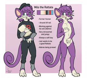 3_toes 4_fingers after_transformation anthro belt blue_eyes blush blush_lines buckteeth clothed clothing color_swatch curled_tail eyewear featureless_crotch feet fingers fur glasses hair male nervous nude nude_anthro praise_kink purple_body purple_fur purple_hair shy simple_background solo tail tan_body tan_fur teeth text toes wearing_glasses wearing_hat shrubie_fox nintendo pokemon team_rocket milo_(shrubie_fox) generation_1_pokemon mammal pokemon_(species) rattata rodent 2025 dated english_text hi_res model_sheet
