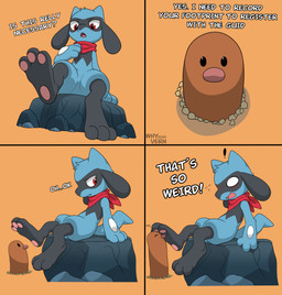 3_toes ambiguous_gender anthro blue_body blue_fur blush bodily_fluids dialogue duo facial_markings feet feral foot_fetish foot_focus foot_play fur head_markings markings mask_(marking) open_mouth pawpads pink_pawpads plant red_eyes red_scarf scarf simple_background sitting surprised tail text toes young whyvern nintendo pokemon pokemon_mystery_dungeon spike_chunsoft canid canine diglett generation_1_pokemon generation_4_pokemon mammal pokemon_(species) riolu 2026 absurd_res comic digital_media_(artwork) english_text hi_res translated