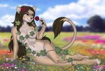 accessory anthro biped blue_eyes blue_sky breasts brown_hair cloud countershade_face countershade_fur countershade_legs countershade_thighs countershade_torso countershading day eye_scar eyebrow_scar eyebrows eyelashes facial_scar female flower flower_in_hair fur grass hair hair_accessory hindpaw holding_flower holding_object holding_rose leaf long_hair notched_ear nude outside paws plant rose_(flower) scar sky solo tail tail_tuft tan_body tan_fur tree tuft unsigned vines novery serbi felid lion mammal pantherine 2023 digital_media_(artwork) hi_res shaded
