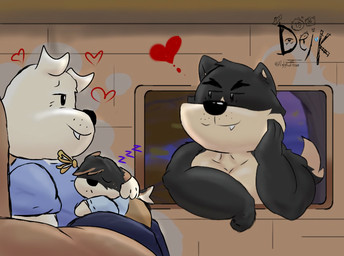 anthro big_muscles blue_clothing bow_tie clothing cuddling eye_contact fangs group heart_symbol holding_child looking_at_another male male/male muscular pecs sitting sleeping smile teeth trio window young ugly-rat15508 jess_(ugly-rat15508) seiko_(ugly-rat15508) terrence_(ugly-rat15508) canid canine canis domestic_dog mammal digital_media_(artwork) hi_res
