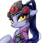 alternate_species female feral hair ponification simple_background smile solo white_background yellow_eyes rosycanvas blizzard_entertainment hasbro my_little_pony overwatch widowmaker_(overwatch) equid equine horse mammal pony 1:1 2016 crossover hi_res signature