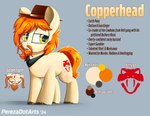 clothing cowboy_hat cutie_mark eyebrow_through_hair eyebrows facial_hair feral fur goatee gold_(metal) gold_tooth hair half-closed_eyes hat headgear headwear kerchief male mane mane_hair mustache narrowed_eyes open_mouth orange_hair profanity simple_background smile solo tan_body tan_fur teeth teeth_showing text translucent translucent_hair yellow_eyes perezadotarts hasbro my_little_pony copperhead_(therealnarrowjungle) fan_character earth_pony equid equine horse mammal pony english_text hi_res model_sheet shaded