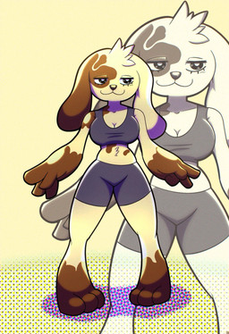 :3 anthro athletic_wear big_breasts biped blowup_background breasts female female_anthro front_view fur long_ears simple_background solo standing tan_body tan_fur text thick_thighs mossmaker canid mammal english_text hi_res