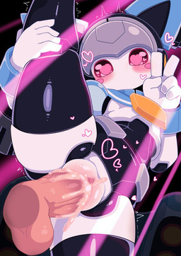 animal_ears black_body blush bodily_fluids breasts clitoris cum cum_from_vagina cum_in_vagina cum_inside cum_on_penis cum_splatter duo emanata exoskeleton female female_focus female_penetrated flash_emanata genital_fluids genitals gesture glistening glistening_body hand_gesture heart_eyes heart_symbol hearts_around_body holding_leg human_penetrating_female looking_at_viewer looking_down looking_down_at_viewer low-angle_view machine male male/female male_penetrating male_penetrating_female medal mosaic not_furry one_leg_up penetration penile penile_penetration penis raised_leg sex small_breasts stage_lights v_sign white_body white_exoskeleton kalanchoe medabots humanoid robot hi_res