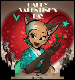 5_fingers antennae_(anatomy) anthro armor art_deco asian_clothing blue_clothing blush brown_body brown_eyebrows brown_fur cheek_markings clothing dipstick_ears dipstick_tail ear_markings east_asian_clothing embarrassed eye_scar eyebrows facial_markings facial_scar femboy fingers flower fur gloves_(marking) green_clothing green_hair green_shirt green_topwear grey_body grey_eyebrows grey_fur grey_inner_ear_fluff group hair head_markings head_tuft headgear heart_symbol helmet inner_ear_fluff japanese_clothing kimono looking_at_another looking_away male markings multicolored_body multicolored_ears multicolored_fur orange_body orange_fur pith_helmet plant pupils red_clothing reflective_floor rose_(flower) scar shirt smile smirk stairs standing star tail tail_markings tail_motion tailwag talking_to_another text topwear tremble_lines trio tuft white_clothing white_sclera white_shirt white_topwear yellow_sclera fruittea azazel_(fruittea) bastien_(fruittea) seraph_(fruittea) canid canine canis fox mammal wolf 2026 artist_name colored digital_drawing_(artwork) digital_media_(artwork) english_text hi_res signature