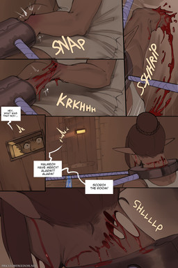 ambiguous_gender blood blood_from_ear blood_from_head bodily_fluids bound brown_hair clothed clothing dark_body dark_skin dialogue dialogue_box dismemberment duo gore hair hands_tied handwear humanoid_pointy_ears male motion_lines not_furry onomatopoeia pointy_ears sound_effects speech_bubble text arbuzbudesh lady_wolf_(arbuzbudesh) demon elf human humanoid mammal 2025 2:3 colored comic english_text hi_res url female_(lore)