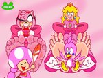 5_toes anthro barefoot blonde_hair clothed clothing feathers feet female foot_focus group hair one_eye_closed pink_body soles tickle_fetish tickling tickling_feet toes podfrog mario_bros nintendo sega sonic_the_hedgehog_(series) amy_rose princess_peach toadette eulipotyphlan flicky hedgehog human mammal toad_(mario) absurd_res hi_res