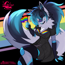 anthro biped breasts clothed clothed_anthro clothed_female clothing female fingers front_view fur hair lgbt_pride looking_at_viewer pride_color_flag pride_colors sitting smile solo tail text tongue fleet-foot canid canine mammal 2026 digital_drawing_(artwork) digital_media_(artwork) english_text